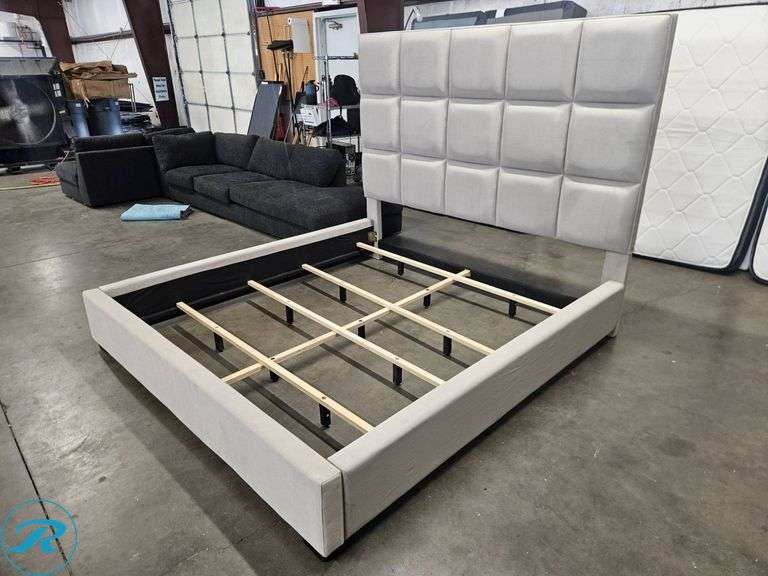 Upholstered King Size Bed Frame with Tufted Headboard in Gray Fabric