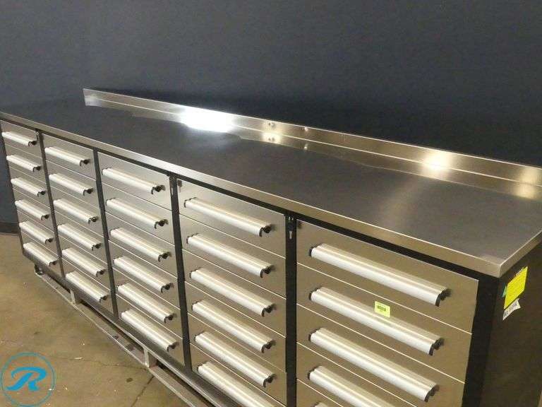 New Chery Industrial 30-Drawer Workbench, Stainless Steel, 10' - Roller Auctions