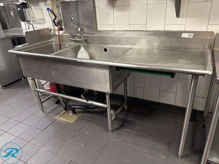 Stainless Steel Two-Compartment Stainless Steel Sink with Right Drain Board and 7” Backsplash, 84” x 30” x 36”H - Roller Auctions