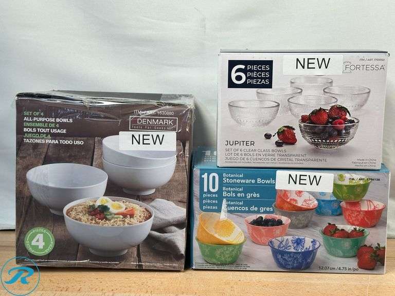 Denmark: Set of 4 All-Purpose Bowls- New; Fortessa: Jupiter 6 Piece Clear Bowls- New; Botanical Stoneware Bowls- New; Tramontina: PRO Line Commercial Grade 36 Piece Spoons- Like New - Roller Auctions