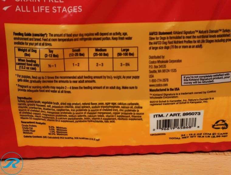 Kirkland Signature Nature's Domain Canned Dog Food, Turkey & Pea Stew, 13.2 oz, 24-count - New - -Missing One Can - Roller Auctions
