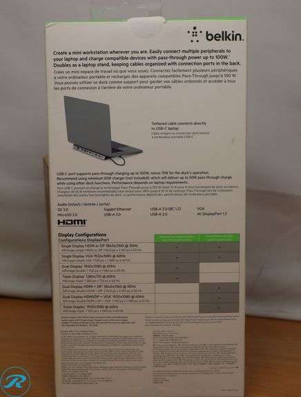 Belkin - 11-in-1 USB C Hub with 4K HDMI, DP, VGA, 100W PD Docking Station for MacBook Pro, Air, and more , Gray - Like New - Roller Auctions