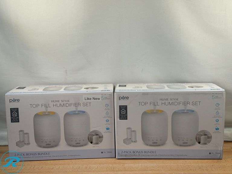 (2) Pure Enrichment Hume Sense Top Fill Humidifier, 2 Pack- (1) Like New, (1) Used - Roller Auctions