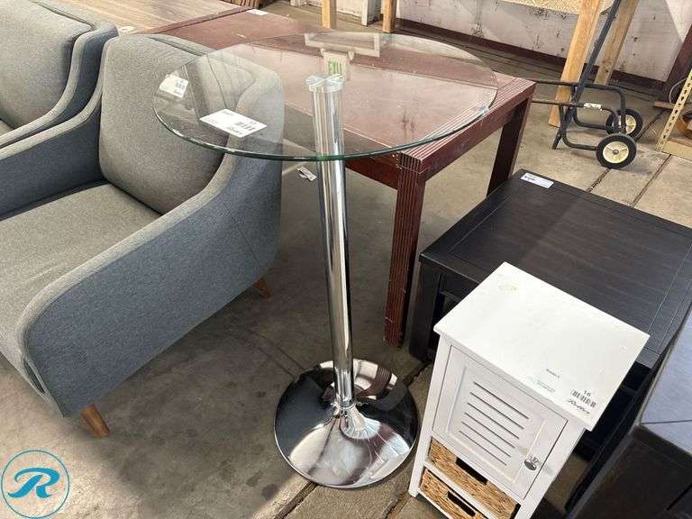 Glass-Top Pedestal Table with Chrome Base, 24″ Diameter
