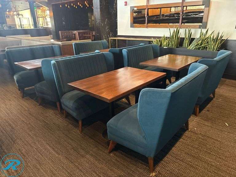 Dining Seating Package; (8) 46in Benches and (4) 48in x 30in Tables with Wood Tops and Upholstered Seats - Roller Auctions