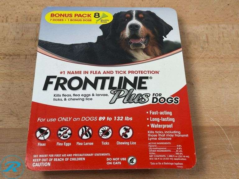 Frontline Plus Flea and Tick Dog Treatment 89-132 lb, 7+1 Doses - New - Roller Auctions