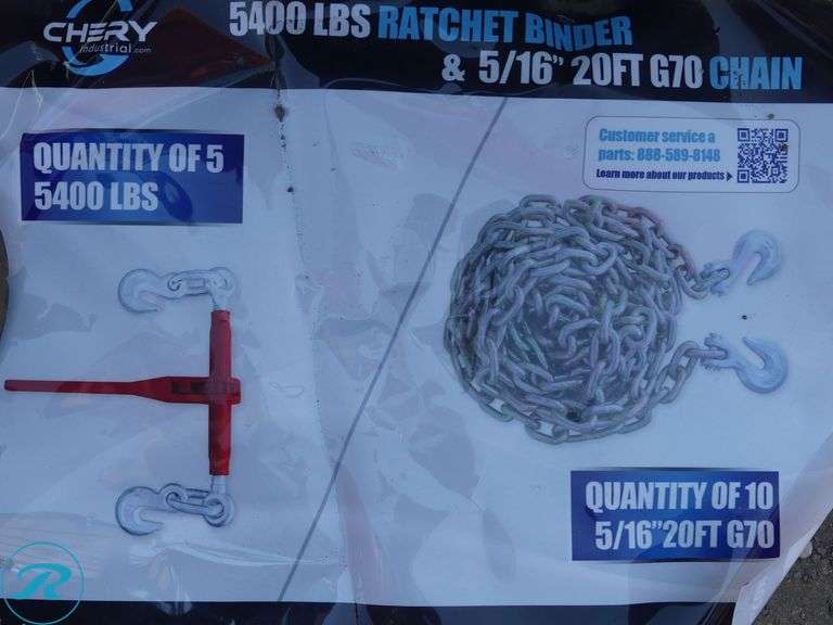 Pallet of (5) New Greatbear 5400LBS Ratchet Binders and (10) New 5/16" 20FT G70 Chains - Roller Auctions