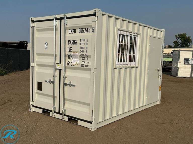 New Steel Storage Container, 12' L X 88" W X 98" H, Side Entry Door and Window, Forklift Pockets - Roller Auctions