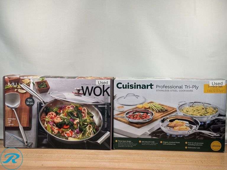 Cuisinart Tri-Ply Clad Stainless Steel 5-piece Skillet Set- Used; MiU: Ultimate Everyday Wok- Used - Roller Auctions