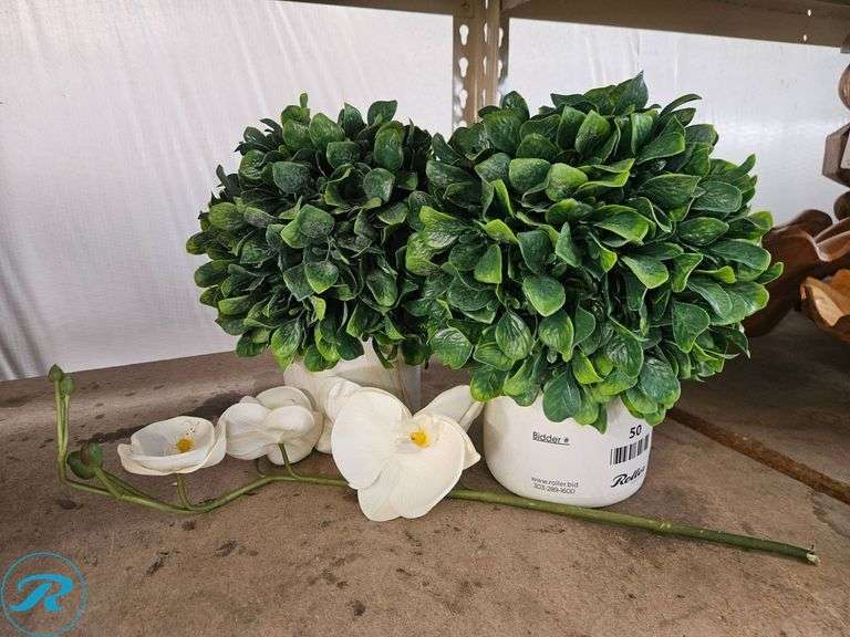 Potted Artificial Greenery Arrangements in Ceramic Vases