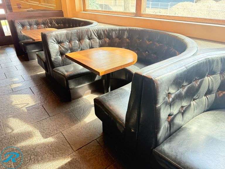 Dining Booth and Table Package; Booths (3) 92 in x 55 in and (2) 72 in x 55 in and  (3) tables 44 in x 33 in and (2) tables 33 in x 30 in - Roller Auctions