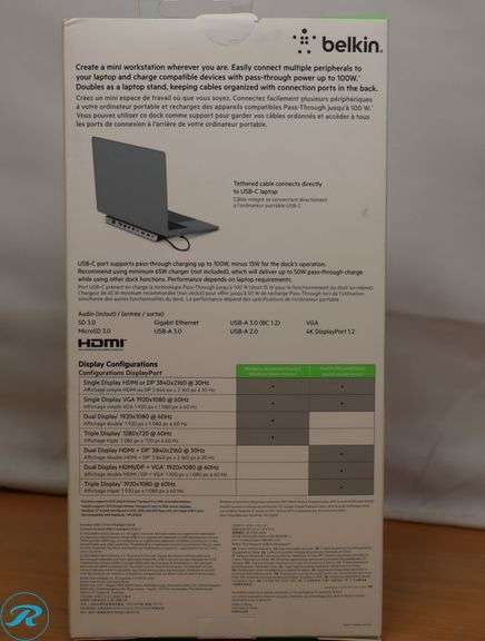 Belkin - 11-in-1 USB C Hub with 4K HDMI, DP, VGA, 100W PD Docking Station for MacBook Pro, Air, and more , Gray - Like New - Roller Auctions