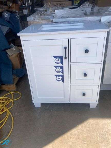 (1) Display Model- allen + roth Rigsby 30-in White Undermount Single Sink Bathroom Vanity with White Engineered Marble Top (Total 1 vanity with top) (Some very minor scratches on top See photos) - Roller Auctions