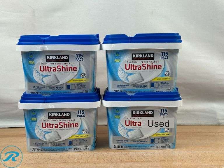 (4) Kirkland Signature Platinum Performance UltraShine Dishwasher Detergent Pacs, 115-count - New - (1) Used/ Open Box/ Missing Some - Roller Auctions