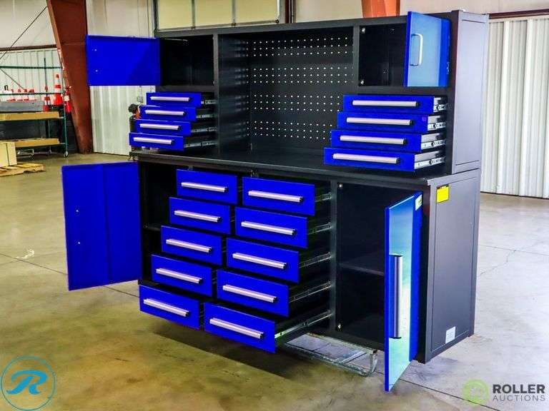 New Chery Industrial 18-Drawer Workbench and Tool Chest, Blue, 7' - Roller Auctions