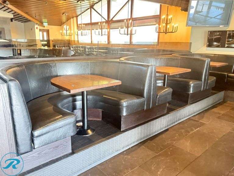 Dining Booth Package with Tables: (3) 94 in x 55 in booths and (3) 72 in x 55 in booths, with (3) tables 43 in x 30 in and (3) tables 30 in x 33 in - Roller Auctions