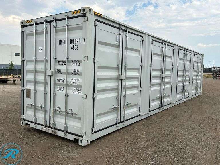 New 40' Steel Storage Container, High Cube, 9'6" High, 8' Wide, (4) Double Door Side Openings - Roller Auctions