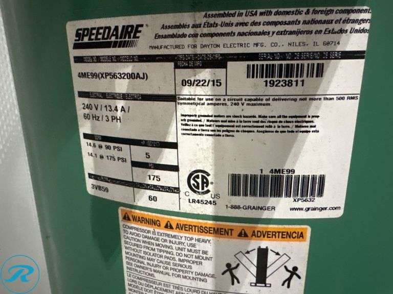 Speedaire Model 4ME99 Vertical Air Compressor, 240V, 60Hz, 3 Phase - Roller Auctions