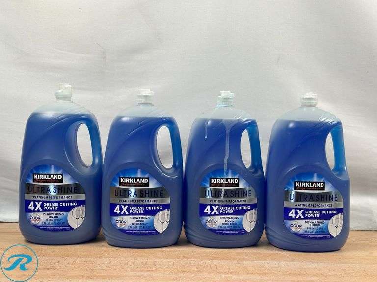 (4) Kirkland Signature Ultra Shine Liquid Dish Soap, Fresh, 90 fl oz- (2) New, (2) New/ Damage Container, Leaking - Roller Auctions