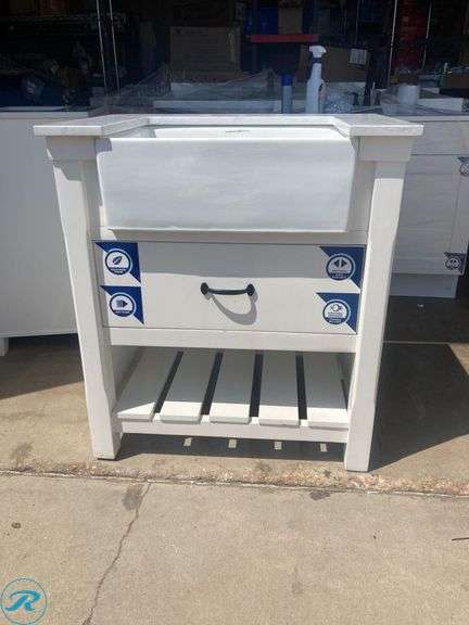 (1) Display Model- allen + roth Briar 30-in Carrara White Farmhouse Single Sink Bathroom Vanity with White Engineered Marble Top (total of 1 vanity with top) (Some minor scratches on top has 2 cracks See Photos) - Roller Auctions
