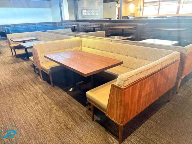 Dining Upholstered Booth and Table Package; Booths (2) 134in x 53in, (2) 104in x 53 and Tables; 54in x 30in and (4) 32in x 30in - Roller Auctions