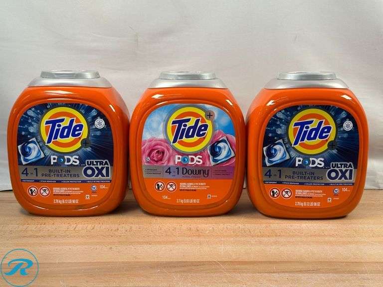 (2)Tide Pods with Ultra Oxi Laundry Detergent Pods, 104-count- Like New/ Opened/ Some Missing; Tide Pods with Downi April Fresh Laundry Detergent Pods, 104-count- Like New/ Open/ Some Missing - Roller Auctions