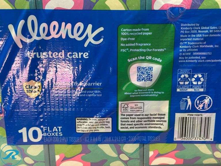 Earth First: 12 Mega Rolls Paper Towels- New/ Open Box; Kleenex Trusted Care Facial Tissue, 2-Ply, 230-count, 10-pack- New - Roller Auctions