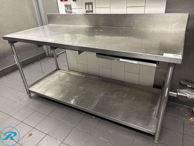 Stainless Steel Work Table with 6″ Backsplash with Lower Shelf, 72″ x 30″ x 35″H - Roller Auctions