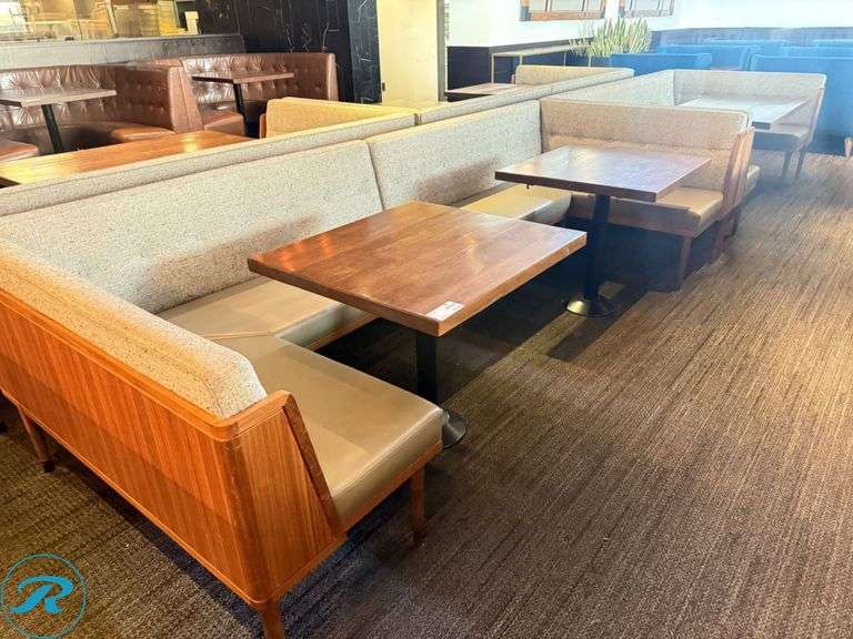 Dining Upholstered Booth and Table Package; Booths (2) 134in x 53in, (2) 104in x 53 and Tables; 54in x 30in and (4) 32in x 30in - Roller Auctions