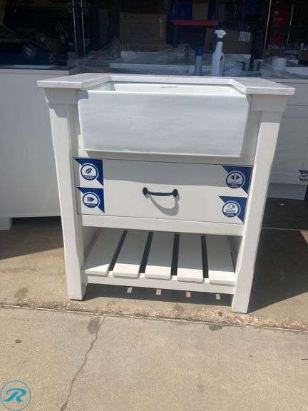 (1) Display Model- allen + roth Briar 30-in Carrara White Farmhouse Single Sink Bathroom Vanity with White Engineered Marble Top (total of 1 vanity with top) (Some minor scratches on top has 2 cracks See Photos) - Roller Auctions
