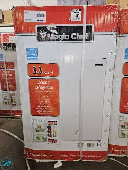 Magic Chef 3.3 Cu. Ft. Compact Refrigerator, Model HMDR33WE(Water Damage to Box, However No Damage to Internal Packaging or Unit) - Roller Auctions