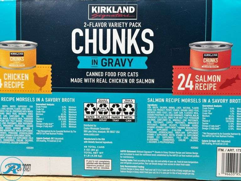 (2) Kirkland Signature Chunks in Gravy, Canned Cat Food Variety Pack, 3 oz, 48-count- New/ Open Box - Roller Auctions