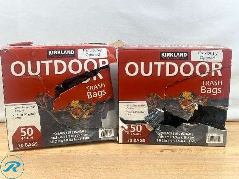 (2) Boxes of Kirkland Signature Outdoor Trash Bags, 50 Gallon, 70 Bags Each – Previously Opened - Roller Auctions