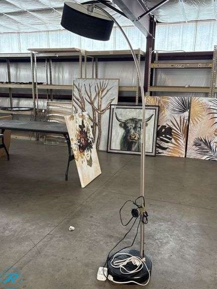 Chrome Arc Floor Lamp with Black Fabric Shade and Round Base