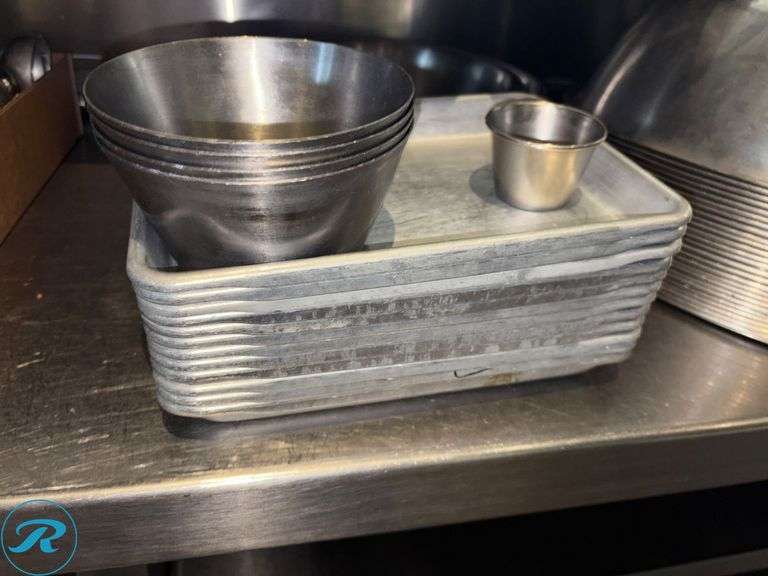 (30) Stainless Steel Mixing Bowls, (12) Aluminum 1/8 Sheet Pans, Sauce Cups - Roller Auctions