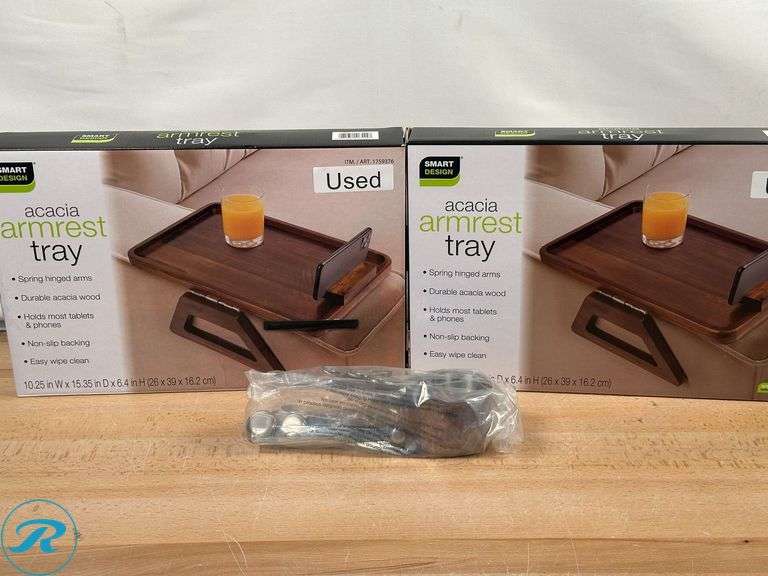 (2) Smart Design: Acacia Armrest Tray- Used; MIU: 10pc Measuring Cups and Spoons- Used/ Tarnished - Roller Auctions