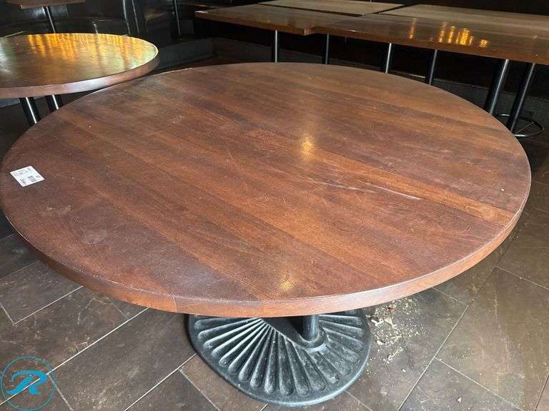 Wood Bar Tables with Black Metal Pedestal Bases, (1) 60in Round and (1) 72 in x 46 in - Roller Auctions