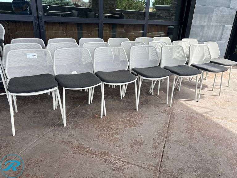 (20) White Metal Frame Chairs with Mesh Back and Gray Cushions - Roller Auctions