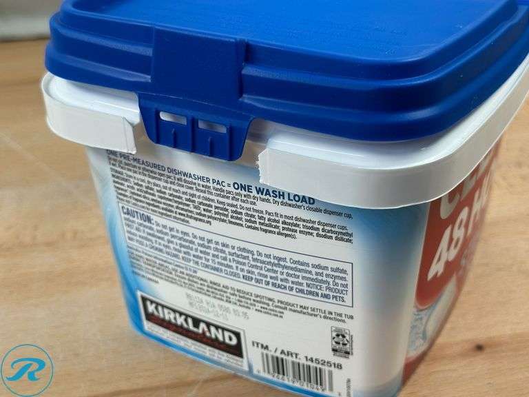 High-Density Commercial Can Liners, 56 gal, 22 microns - New/ Open Box; Kirkland Signature Platinum Performance UltraShine Dishwasher Detergent Pacs, 115-count- New/ Some Missing - Roller Auctions