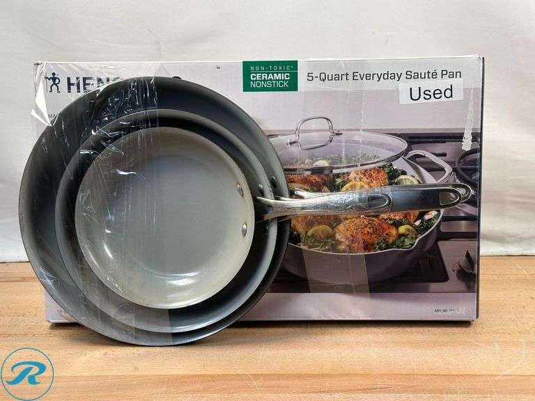 Tramontina 3-pack Hard Anodized Aluminum Ceramic Nonstick Fry Pan Set- Used; Henckles: Non- Toxic Ceramic Non- Stick 5 Qt Everyday Sautee Pan- Used - Roller Auctions