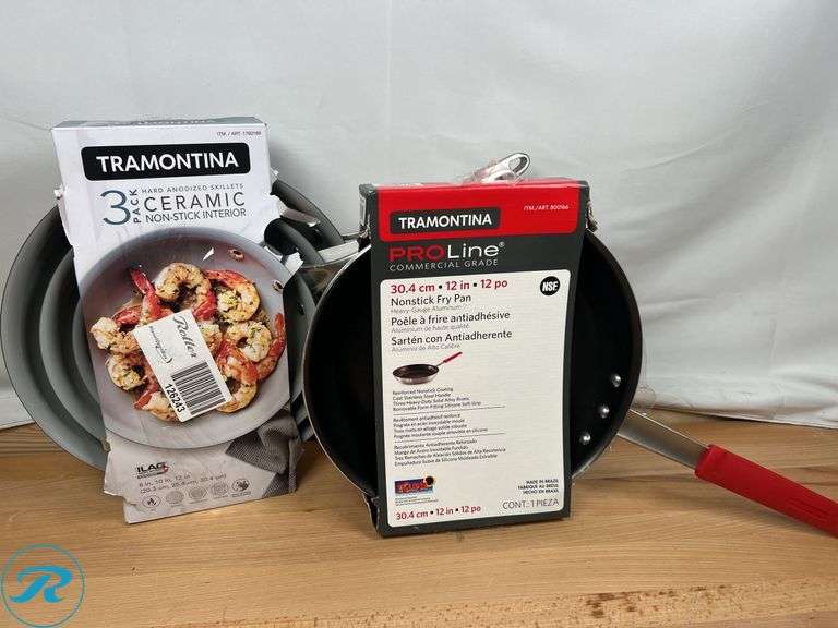 Tramontina: PROLine Commercial Grade Nonstick Fry Pan- New; Tramontina: 3 Pack Ceramic Non- Stick Skillets- New - Roller Auctions