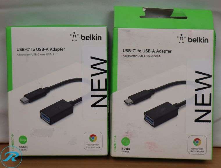 (2) Belkin - USB-C to USB 3.0 Adapter with Charging and 10Gbps Data Transfer, Compatible with Apple and Chromebook Devices 5-Inch, Black - New - Roller Auctions