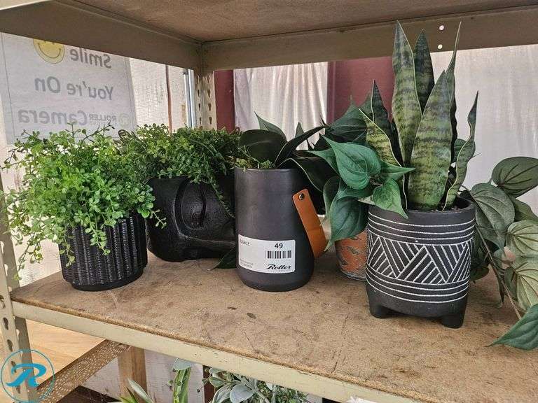 Decorative Black Planters with Artificial Greenery