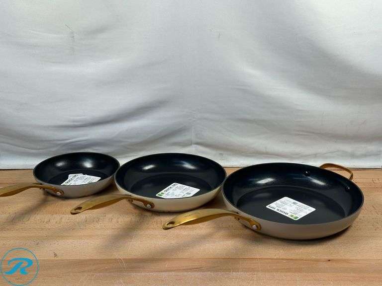 GreenPan Jewel Pro Ceramic Non-Stick 3-piece Fry Pan Set- Used; OXO Softworks: Non-Stick Hard-Anodized Saucepan Set- Used - Roller Auctions