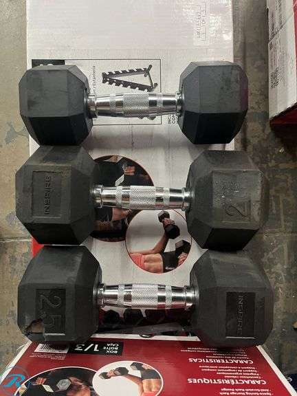Inspire Fitness 210 lb. Rubber Hex Dumbbell Set with Rack - New - Missing 1 x 15lb Dumbbell, 25lb Chunk Missing - Roller Auctions