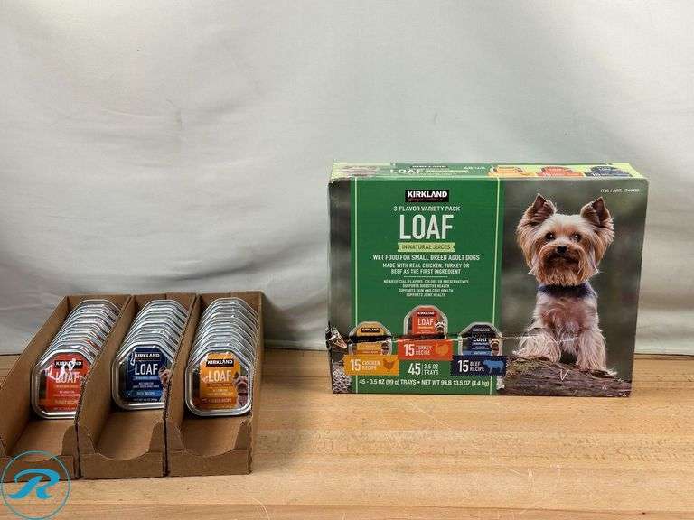 Kirkland Signature Pate Wet Dog Food Variety Pack, 3.5 oz, 45-count- New; Kirkland Signature Pate Wet Dog Food Variety Pack, 3.5 oz, 45-count- New/ Missing 22 units ; Vet Works Pill Treats, 120 Soft Chews- New - Roller Auctions