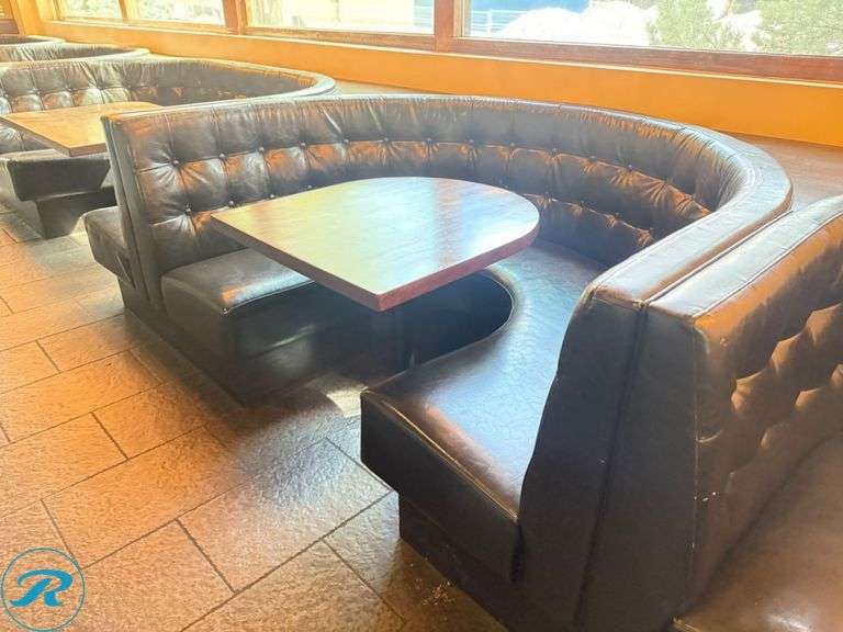 Dining Booth and Table Package; Booths (3) 92 in x 55 in and (2) 72 in x 55 in and  (3) tables 44 in x 33 in and (2) tables 33 in x 30 in - Roller Auctions