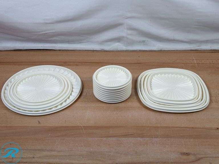 Tupperware Heritage Collection 32 Piece Food Storage Set- Used/ Missing Unit (31ct); (3) Plastic Serving Bowls- Used; Simplehuman Stainless Steel Frame Dish Rack- Used - Roller Auctions