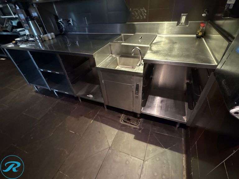 Stainless Steel Service Station With Shelves, Tray Slides, Sink, And Drain Well, 109” x 33” x 36”H - Roller Auctions