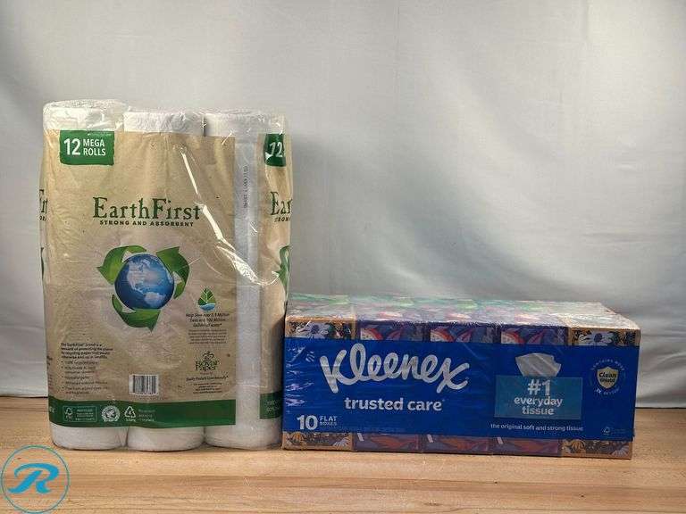 Earth First: 12 Mega Rolls Paper Towels- New/ Open Box; Kleenex Trusted Care Facial Tissue, 2-Ply, 230-count, 10-pack- New - Roller Auctions